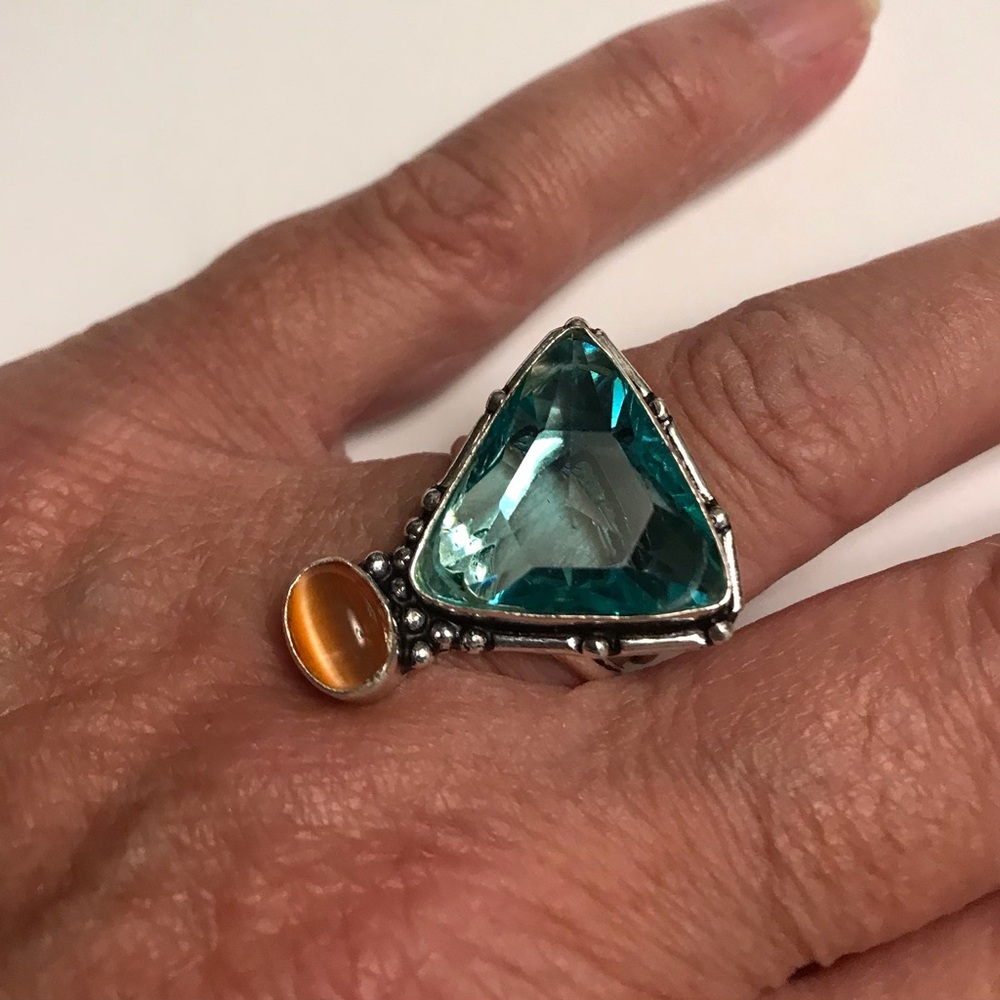 Blue Topaz Cats Eye Stamped 925 Sterling Silver Ring